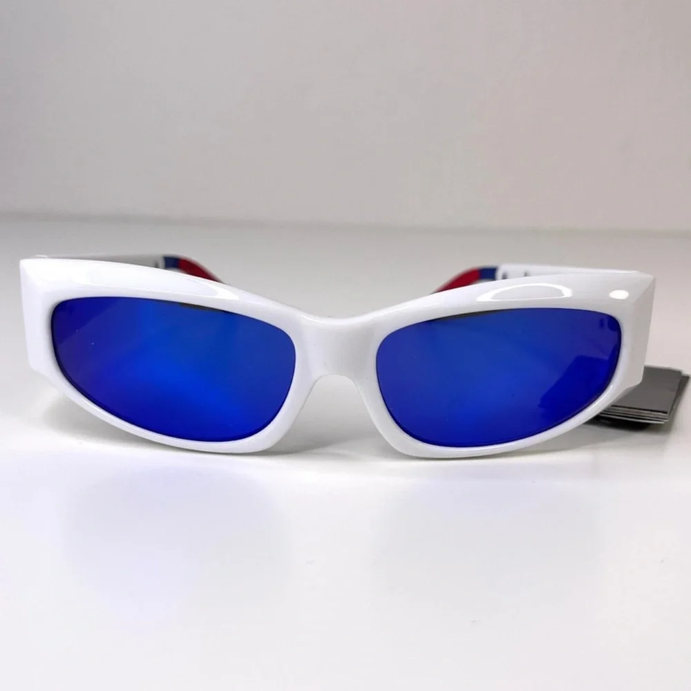 LE SPECS Adam Selman The Edge Sunglasses NEW White WIth Blue Mirror Lenses
